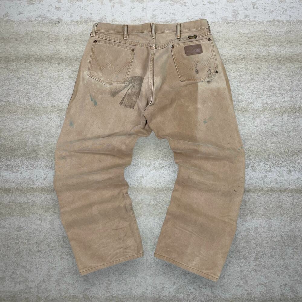 Vintage 90s Wrangler Jeans 36x28 Regular Straight Leg Fit Tan Wash Made in USA